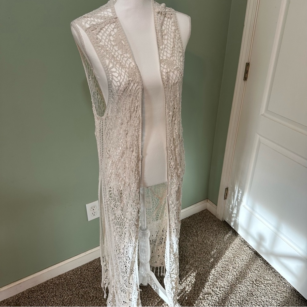 Boho Crochet Lace Long Duster Vest | Ivory Fringed Sleeveless Cardigan O/S - Picture 2 of 4